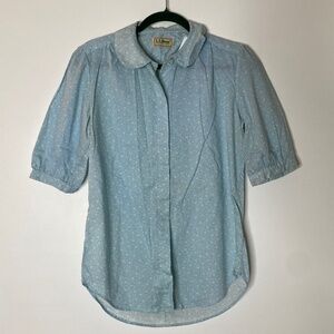 LL BEAN VINTAGE Light Blue White Floral Print Short Puff Sleeve Shirt Size 6